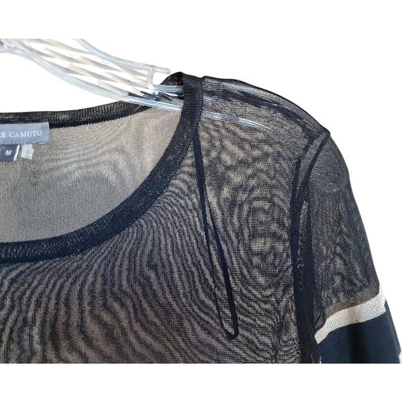 VINCE CAMUTO Women's M Sweater Black Gold Sheer Neckline & Shoulders Striped 36" - Picture 4 of 7